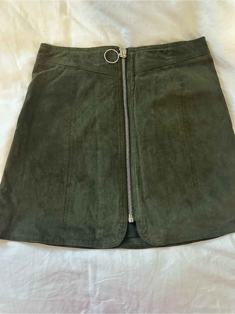 Zara Olive Green Suede Zip-Front Mini Skirt